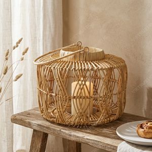 Portavelas de Ratán Estilo Tambor Costero, Linterna Colgante de Mimbre Abierto, Portavelas de Cristal para Jardín, Decoración Interior - Product Image 4