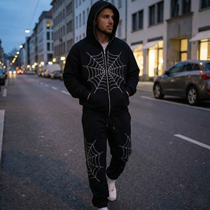 Ensemble survêtement homme personnalisé en coton tissé imprimé, avec sweat à capuche zippé et pantalon de survêtement, effet délavé et strass - Product Image 1