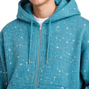 Men's Teal Rhinestone Hooded Tracksuit Full Length Casual Jogger Set Side Pockets Zipper Fly Regular Fit Autumn Wear - Product Image 3