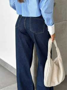 Jeans Anchos de Cintura Alta para Mujer, Azul Oscuro, Estilo Retro, Casual, Verano, Ecológicos, para Uso Diario, Oficina - Product Image 5