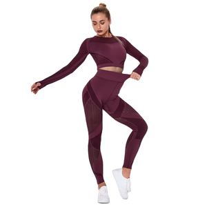 <b>Women's</b> Seamless Ribbed Yoga Set Long Sleeve Crop <b>Top</b> High Waist Leggings 2 Piece Workout Outfit <b>Burgundy</b> - Product Image 1