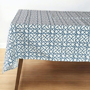 Geometric Pattern <b>Tablecloth</b> Blue and White Diamond Lattice Design with Floral Border Blue Indian Hand Block Printed <b>Tablecloth</b> - Product Image 1