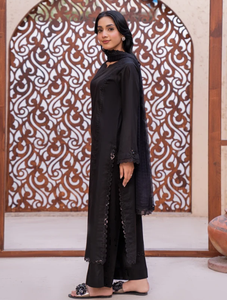 Women's <b>Black</b> Cotton Modest <b>Floor</b>-<b>Length</b> <b>Dress</b> With Embroidered Sleeves And Neckline For Casual Wear India Pakistan Style - Product Image 4