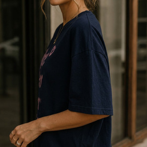 T-shirt décontracté pour femme, coupe oversize, col rond, épaules tombantes, manches mi-longues, respirant, tricoté, imprimé par transfert thermique, 100% coton, 180g - Product Image 4