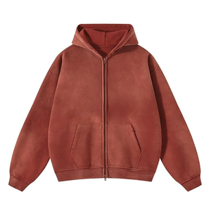 Sweat à capuche zippé en molleton 100 % coton brodé délavé à l'acide pour homme, personnalisable, coupe oversize, style streetwear, design délavé effet soleil - Product Image 3