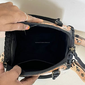 2026 Wholesale New Arrival <b>Black</b> & White Checkerboard Design Speedy <b>Bag</b> Tooled Carving Card Accent Cowhide Leather Duffle <b>Bag</b> - Product Image 6