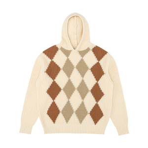 Men's Hooded Argyle <b>Knit</b> Sweater Full Sleeve Pullover Autumn Warm Beige Brown <b>Patterned</b> Casual Wear - Product Image 1