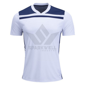 Maillot de football pour homme, blanc et bleu marine, col en V, manches courtes, évacuation de l'humidité, séchage rapide, polyester, uniforme de football personnalisé pour équipe - Product Image 1