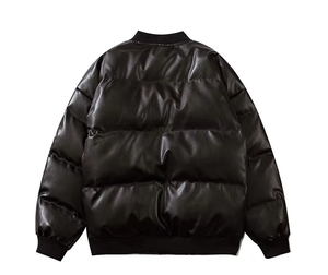 Veste d'hiver matelassée pour enfants en cuir synthétique PU noir brillant, brodée, imperméable et rembourrée - Product Image 2