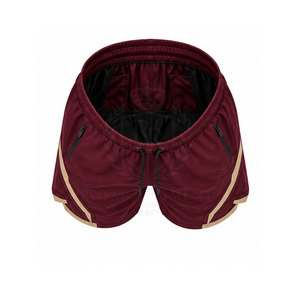 Men's Maroon Sport <b>Shorts</b> With Beige Stripes Quick Dry Drawstring Waist <b>Zip</b> <b>Pockets</b> Knitted Polyester Athletic Wear - Product Image 6