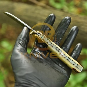 Custom Damascus Steel Folding Hunting <b>Knife</b> Natural <b>Bone</b> <b>Handle</b> Leather Sheath Outdoor Camping Pocket EDC <b>Knife</b> - Product Image 5