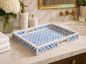 Luxury Bone Inlay Decorative Serving Tray with Handles | <b>Black</b> <b>White</b> Geometric Rectangle Ottoman Coffee Table Tray Home Decoc - Product Image 4