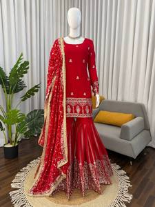 ชุดสาหร่าปักลายสีแดงพร้อมผ้าคลุมไหล่ ชุดชาติพันธุ์สำหรับผู้หญิงสำหรับงานแต่งงาน งานปาร์ตี้ และงานดิวาลี - Product Image 1