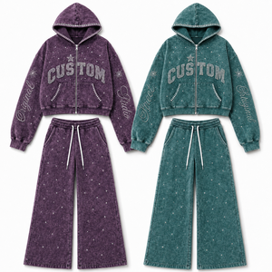 Ensemble de survêtement Y2K pour femme, violet, avec strass scintillants, style vintage délavé à l'acide, comprenant un sweat à capuche court et un pantalon de survêtement large, idéal pour l'été - Product Image 1