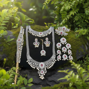 Classic White American <b>Diamond</b> Polish Women's Bridal Necklace <b>and</b> <b>Earring</b> Set with Zircon <b>and</b> <b>Pearl</b> Gold Plated - Product Image 3