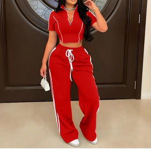 Conjunto de Dos Piezas de Alta Calidad, Pantalones Largos Casuales con Cierre Frontal y Top Corto de Punto con Cuello Alto y Mangas Cortas - Product Image 3