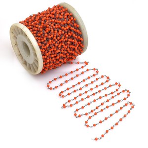 Chaîne de chapelet en corail rouge hydro, perles rondes facettées de 3 mm, fil de métal gris fusil enroulé, rouleau en vrac pour la fabrication de bijoux - Product Image 2