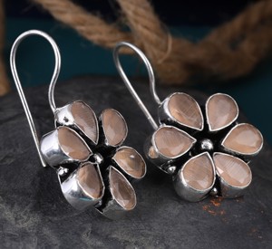 MOQ Available Champagne Cat Eye Stone Floral <b>Hook</b> <b>Earrings</b> for Women | Oxidized Silver Brass Boho Jewelry Supplier - Product Image 4