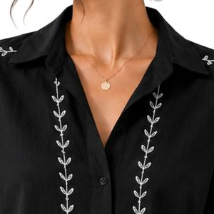 Camisa Corta Negra Bordada Personalizada para Mujer, Blusa Casual de Verano con Botones, Top de Moda con Logotipo Personalizado, Mezcla de Lino - Product Image 5
