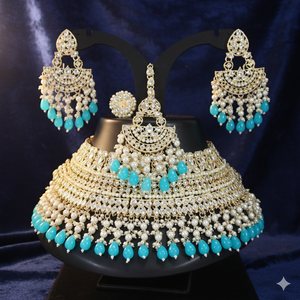 Traditional <b>Indian</b> Gold Plated Zircon Bridal Jewelry <b>Set</b> with Choker Necklace Earrings Maang Tikka & Ring for Weddings Parties - Product Image 2