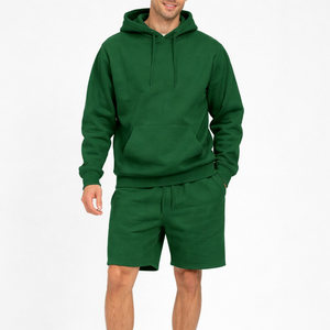Ensemble sweat à capuche et short en molleton vert uni pour homme – Tenue décontractée d'été en coton tricoté - Product Image 1