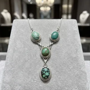 Conjunto de Joyería de Plata de Ley 925 con Colgante de Turquesa Tibetana, Collar y Pendientes, Hecho a Mano, Estilo Vintage Indio - Product Image 2
