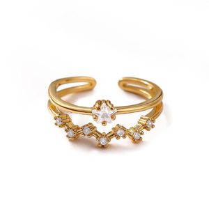 Wholesale 18K Gold Plated Stainless Steel Classic Double Layer Zircon Open <b>Ring</b> with Channel Setting and Star Detail - Product Image 1