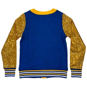 Wholesale <b>Women</b> Royal Blue Gold Sequin Sleeve Varsity <b>Cardigan</b> V Neck Button Up Knit Sweater Custom Logo Team Spirit Fall Winter - Product Image 2