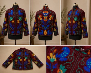 Bird Embroidery Bomber Jacket Handmade <b>Needlework</b> Women Rust Velvet Party Wear Masterpiece Cotton Lining Side Pockets Coat - Product Image 4
