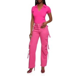 Pantalon cargo rose pour femme, taille haute, coupe ample, longueur intégrale, multi-poches, couleur unie, en toile - Product Image 3