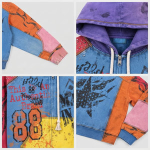 Sudadera con capucha y cremallera para hombre, estilo streetwear, con diseño de patchwork, manga raglán, estilo denim, informal, con estampado, para otoño - Product Image 6