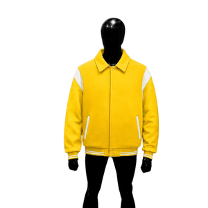 NEW QUALITY YELLOW AND <b>WHITE</b> VARSITY <b>JACKET</b> FOR <b>MEN</b> CLASSIC BOMBER BASEBALL STYLE PREMIUM ZIP FRONT CASUAL STREETWEAR OUTERWEAR - Product Image 1