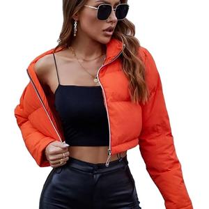 Orange Puffer <b>Jacket</b> Stand Collar Zipper Closure Quilted Windproof Winter Coat <b>Short</b> <b>Sleeve</b> Casual Style Solid Color - Product Image 1