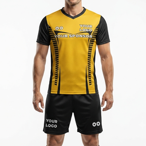 Custom Men's Soccer Jersey Set Yellow Black Sublimated V-Neck Short Sleeve Personalised kit Moisture Wicking <b>Athletic</b> Fit - Product Image 1