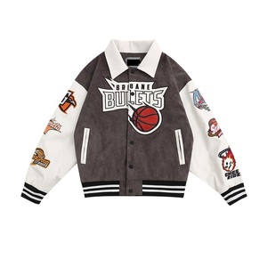 Chaqueta Varsity Sta Rmd Azul con Parches de Mezclilla, Estilo Preppy con Bordes Deshilachados, para Hombre, Cuello Camisero, Ropa de Otoño - Product Image 1