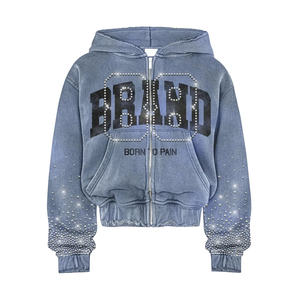 Custom Rhinestone Tracksuit Set Heavyweight Fleece Zip Up <b>Hoodie</b> Jogger Pants Winter Streetwear - Product Image 3