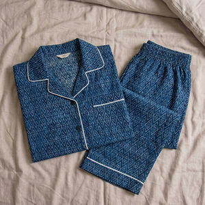 Ensemble de détente en coton indigo fait main, pyjama floral dessiné à la main avec broderie machine pour femme, décontracté été/automne, vente en gros - Product Image 6