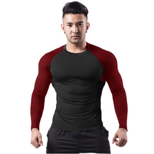 T-shirts de sport pour hommes en polyester tricoté, à manches longues, col contrastant, noir et rouge, pour adultes - Product Image 1