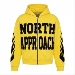 Sweat-shirt à capuche jaune pour homme avec imprimé flamme noire sur la manche, coupe classique, en molleton de coton, décontracté, pour l'automne - Product Image 6