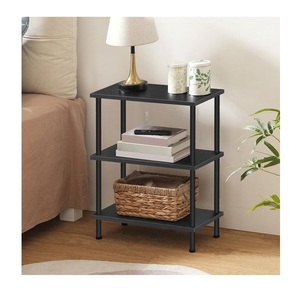 Industrial Matte Black Compact Nightstand 3 Layer Open Shelf Organizer Stand with Charcoal Wood Grain Finish and <b>Slim</b> Cylinder - Product Image 3