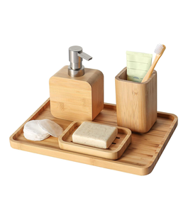 Juego de 4 Accesorios de Baño y Lavabo de Bambú Hechos a Mano, Estilo Retro Natural, Jabonera, Dispensador de Jabón y Loción para Ducha - Product Image 4