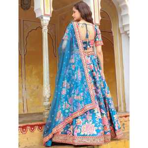 Excepcional azul floral impreso arte seda boda Lehenga Choli - Product Image 1