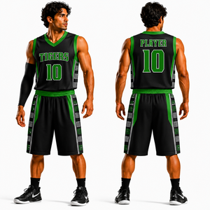 Conjunto de Camiseta de Baloncesto Tigers para Hombre, Negro y Verde, Sublimada, Cuello en V, Sin Mangas, Absorbe la Humedad, Uniforme Deportivo, 100% Poliéster - Product Image 1