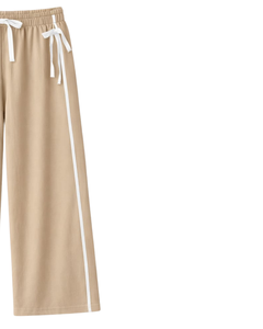 Custom Women Wide Leg Sweatpants Beige Side Stripe High Waist Loose Fit Casual Track Pants Elastic <b>Drawstring</b> Lounge Wear OEM - Product Image 2