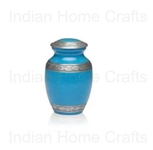 Urna Funeraria de Metal Azul Estilo Europeo para Adultos con Bandas Decorativas en Tono Plateado, Porta Cenizas y Monumento Conmemorativo - Product Image 2