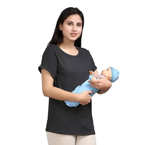 T-shirt noir à manches courtes pour femme avec poche d'allaitement, coupe ample, col rond, en coton tricoté, toutes saisons, couleur unie - Product Image 1