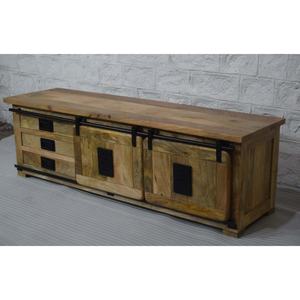 Meuble TV compact rustique en bois de manguier massif de style industriel 3 tiroirs 2 portes coulissantes réglables pour le rangement de meubles de maison - Product Image 5