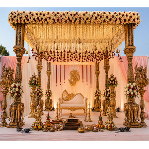 Trending Temple Style <b>Elephant</b> Theme Antique Gold Finish Mandapam Traditional <b>Elephant</b> Carved Pillar Mandap For Hindu Weddings - Product Image 1