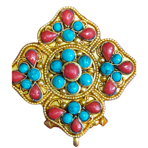 Handmade Sterling <b>Silver</b> Tibetan Ghau Pendants Antique Gold Plating Diamond Turquoise Accents Religious Jewelry for Buddhism - Product Image 2