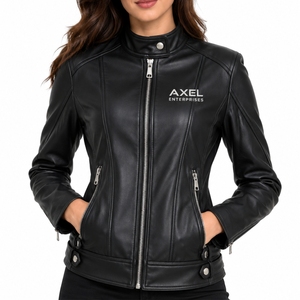 Women Fitted Leather <b>Biker</b> <b>Jacket</b> Stylish Leather <b>Jacket</b> For Modern Everyday Casualwear Full Front Zipper Long Sleeves - Product Image 2